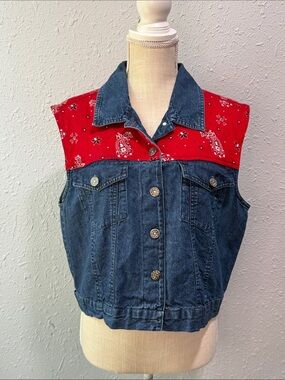 Rhythm Blue Red Bandana‎ Denim Vest Size Large Western Wear